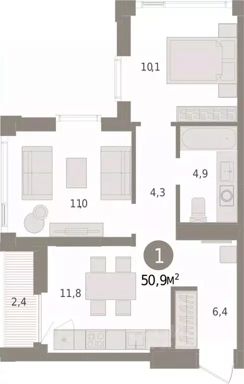 1-к кв. Тюменская область, Тюмень ул. Павла Фитина, 7 (50.93 м) - Фото 2