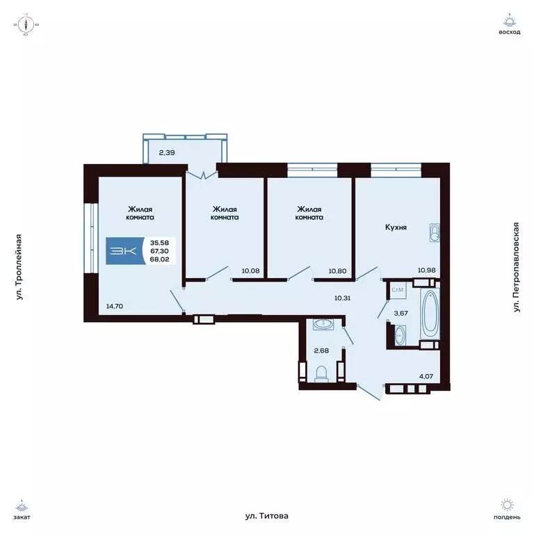 3-комнатная квартира: Новосибирск, улица Титова, 48 (68.03 м) - Фото 1