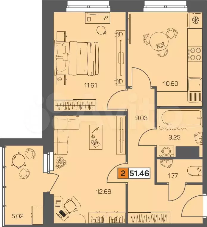 2-к. квартира, 49 м, 8/8 эт. - Фото 0