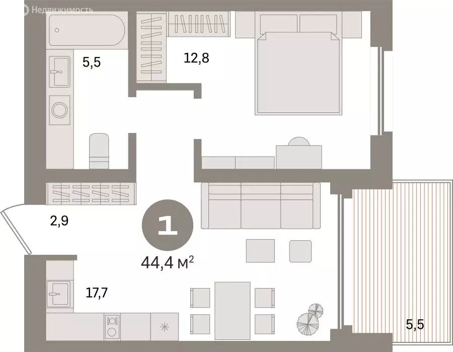 1-комнатная квартира: Екатеринбург, улица Советских Женщин (44.4 м) - Фото 1