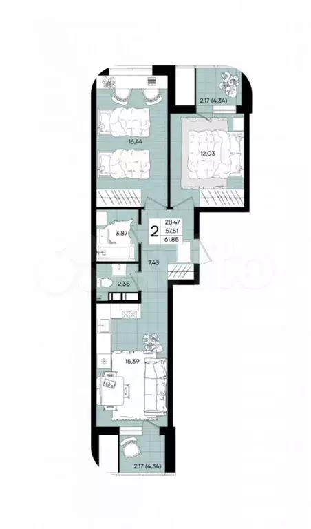 2-к. квартира, 61,9 м, 4/9 эт. - Фото 1