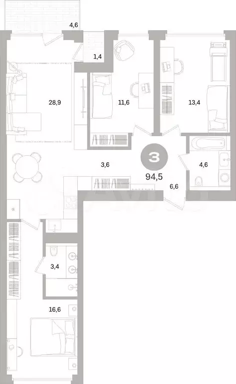 3-к. квартира, 94 м, 4/16 эт. - Фото 0