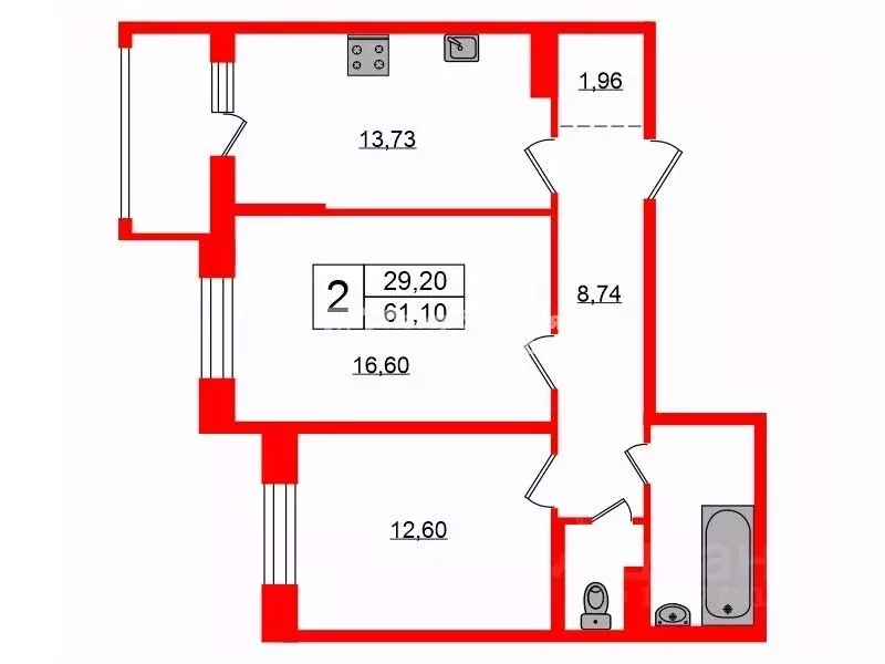 2-к кв. Ленинградская область, Кингисепп Крикковское ш., 34 (61.1 м) - Фото 2