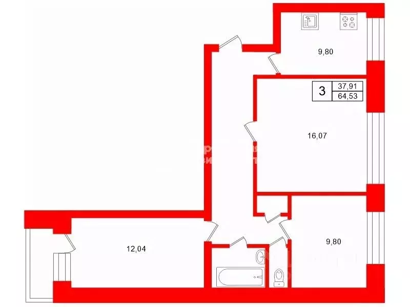 3-к кв. Санкт-Петербург ул. Кораблестроителей, 22К1 (64.4 м) - Фото 2
