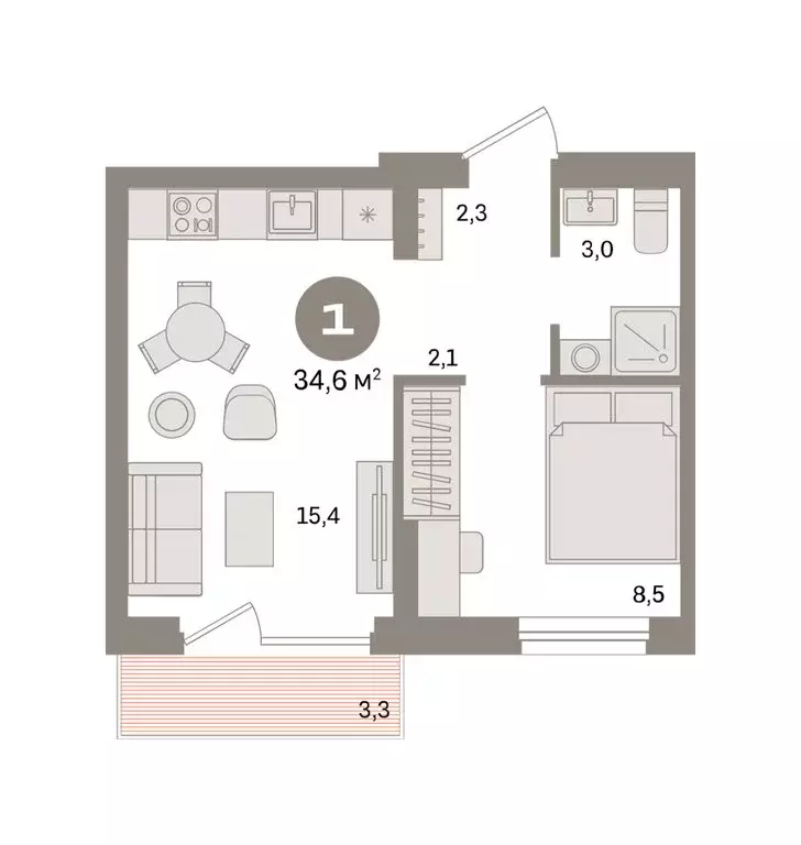 1-комнатная квартира: Екатеринбург, улица Пехотинцев, 2Г (34.6 м) - Фото 1