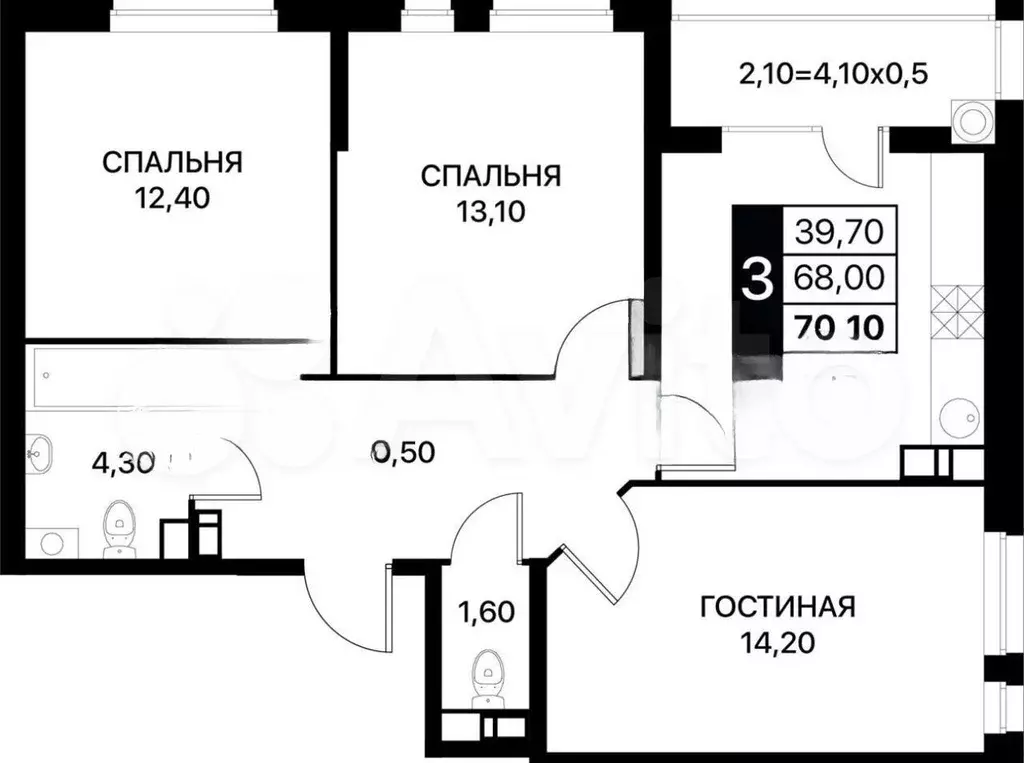 3-к. квартира, 70,1 м, 12/13 эт. - Фото 0