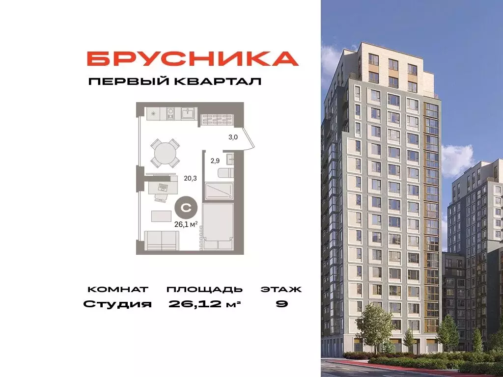Квартира-студия: деревня Сапроново, микрорайон Купелинка (26.12 м) - Фото 0