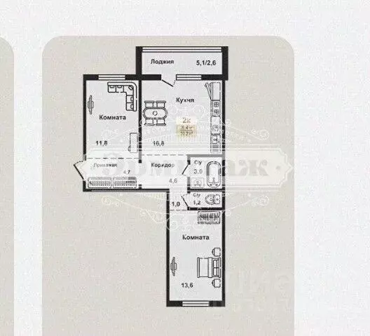 2-к кв. Курганская область, Курган Заозерный жилрайон, 8-й мкр, 12 ... - Фото 2