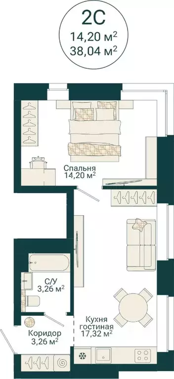 2-к кв. Башкортостан, Уфа Сердце Уфы жилой комплекс (38.04 м) - Фото 2