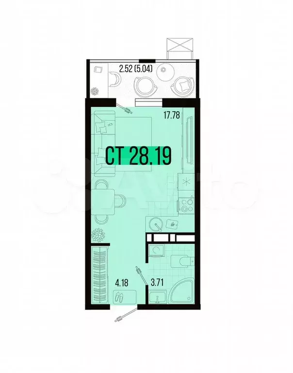 Квартира-студия, 28,2 м, 4/7 эт. - Фото 1