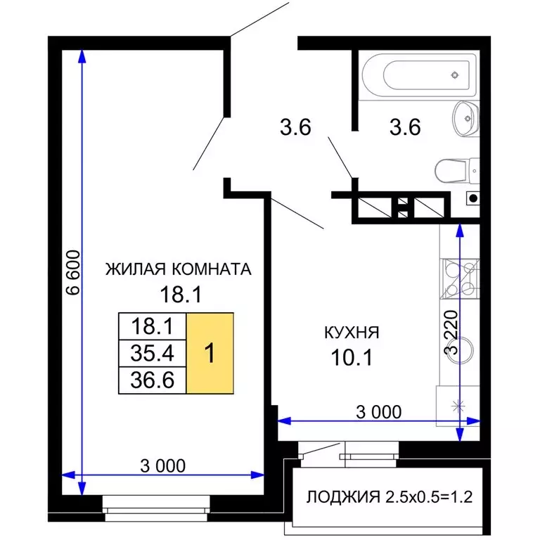 1-комнатная квартира: Краснодар, жилой комплекс Дыхание (36.6 м) - Фото 0