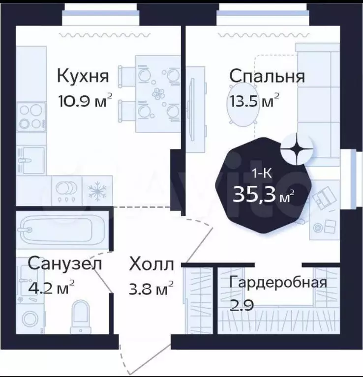 Квартира, 1 комната, 35.29 м - Фото 1