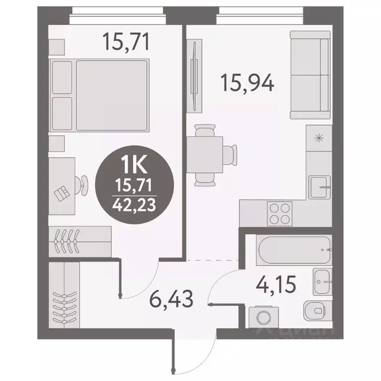 1-к кв. Новосибирская область, Новосибирск ул. Титова, 253/9 (42.23 м) - Фото 0