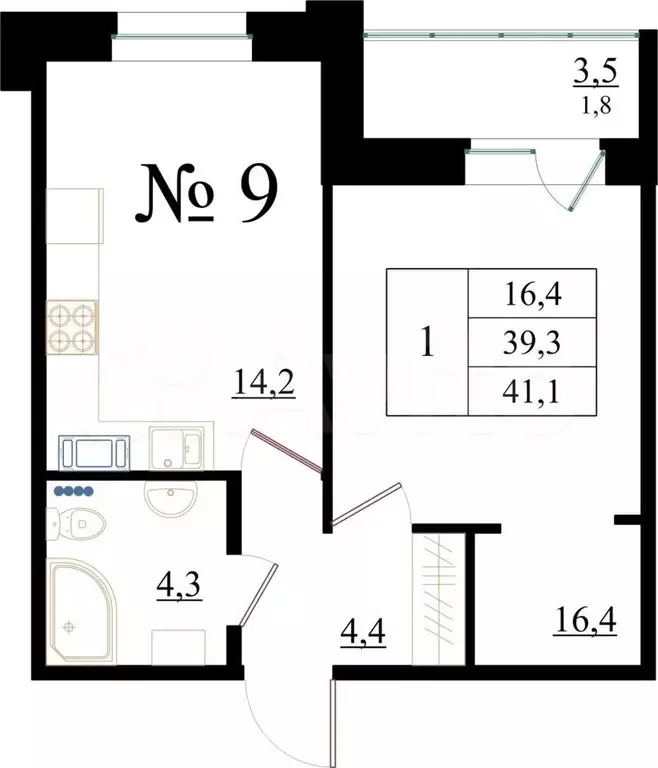 1-к. квартира, 41,1 м, 2/8 эт. - Фото 0