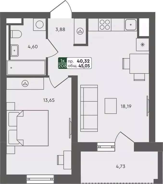 1-к кв. Омская область, Омск Красноярский тракт (45.05 м) - Фото 0