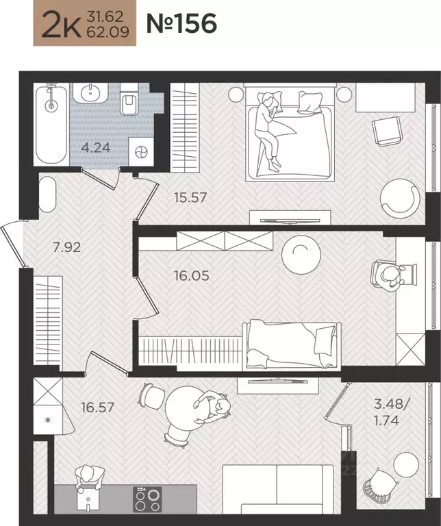 2-к кв. Калининградская область, Калининград Мой Город жилой комплекс ... - Фото 1