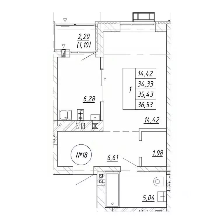 1-к кв. Калининградская область, Зеленоградск  (35.43 м) - Фото 2