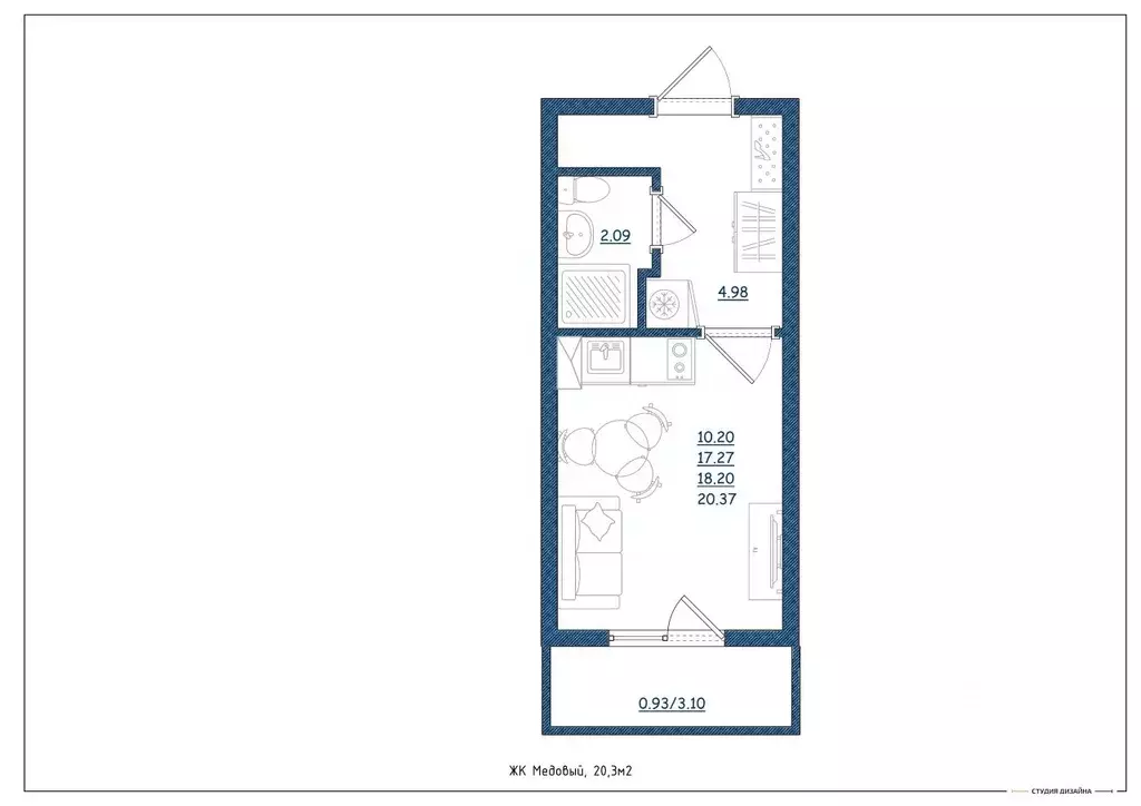 Студия Тверская область, Тверь ул. Медовая, 9к4 (20.3 м) - Фото 1