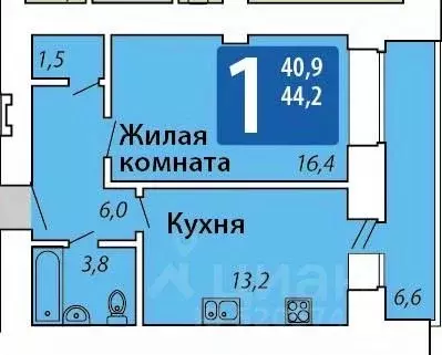 1-к кв. Чувашия, Чебоксары ул. Мирона Ефимовича Ефимова, 1 (44.2 м) - Фото 1