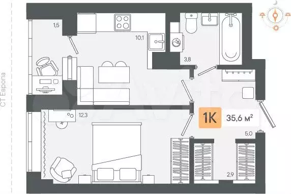 1-к. квартира, 35,6 м, 3/8 эт. - Фото 1