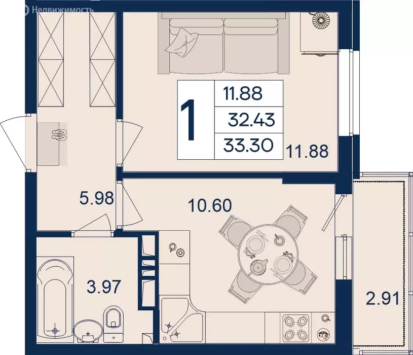 1-комнатная квартира: Краснодар (33.3 м) - Фото 0