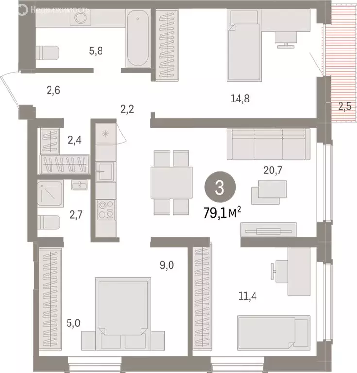 3-комнатная квартира: Новосибирск, улица Аэропорт (79.11 м) - Фото 1