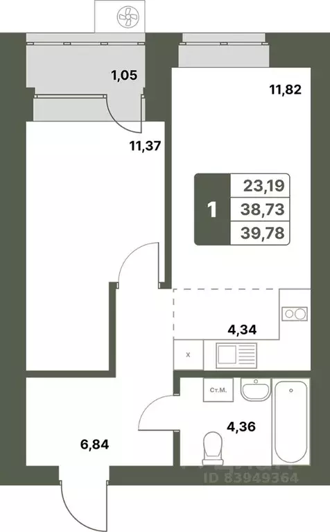 1-к кв. Башкортостан, Уфимский район, с. Миловка  (39.78 м) - Фото 1
