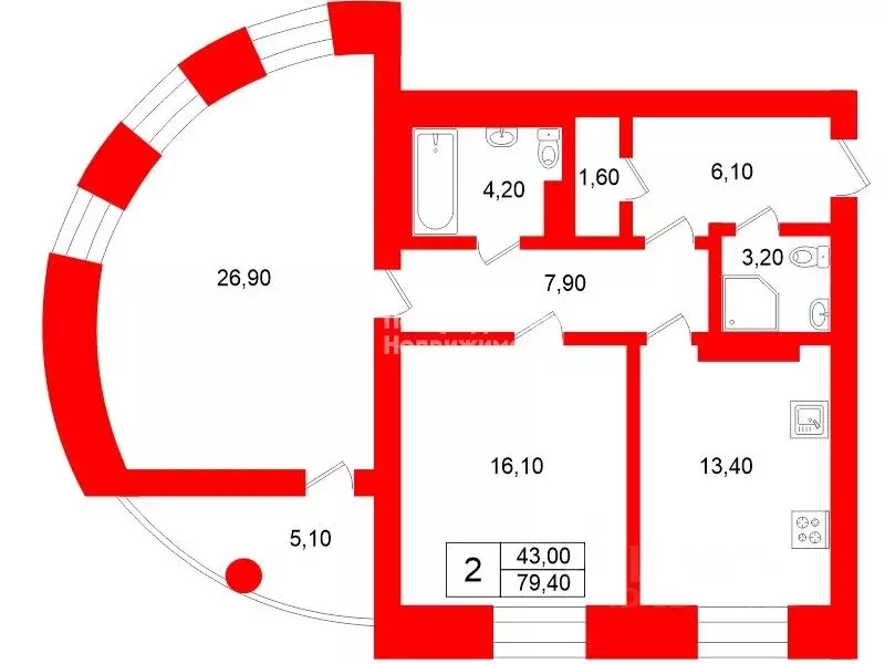 2-к кв. Санкт-Петербург ул. Беринга, 25к1 (79.4 м) - Фото 2