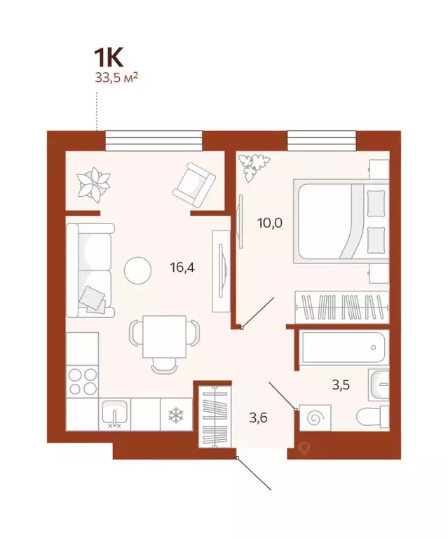 1-к кв. Тюменская область, Тюмень ул. Новаторов, 30 (33.47 м) - Фото 0