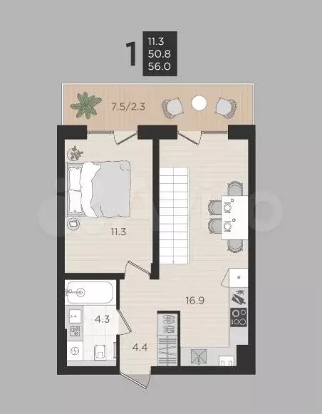 1-к. квартира, 50,8 м, 1/4 эт. - Фото 1
