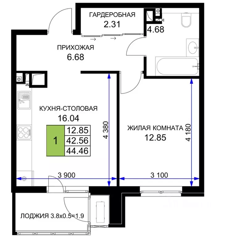 1-к кв. Краснодарский край, Краснодар  (44.46 м) - Фото 0