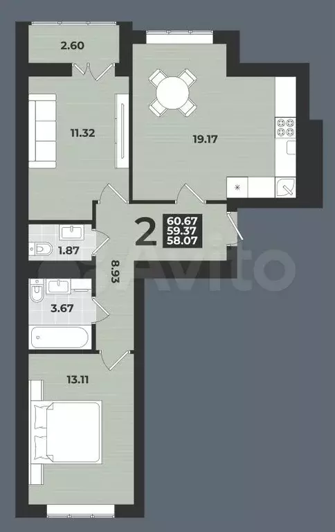 2-к. квартира, 61 м, 7/9 эт. - Фото 1