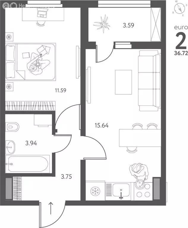 1-комнатная квартира: Липецк, улица Перова, 2 (36.72 м) - Фото 1