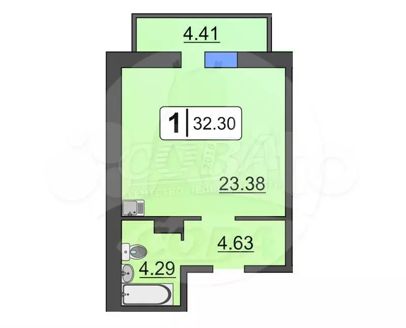 Квартира-студия, 32,6 м, 9/16 эт. - Фото 0