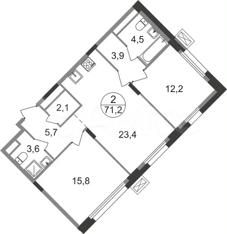 2-к. квартира, 71,2 м, 3/9 эт. - Фото 0