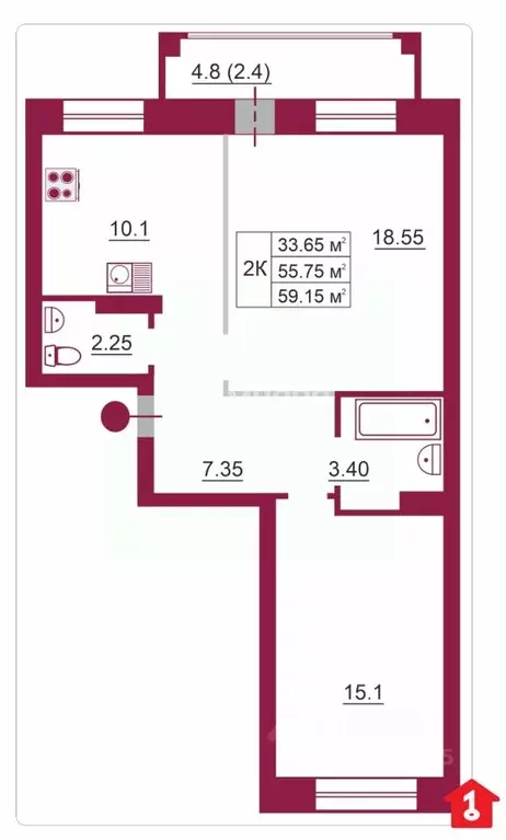 2-к кв. Омская область, Омск ул. 8-я Пролетарская, 8 (59.15 м) - Фото 2