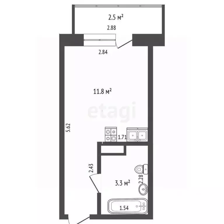 Студия Тюменская область, Тюмень ул. Новоселов, 107к2 (15.1 м) - Фото 1