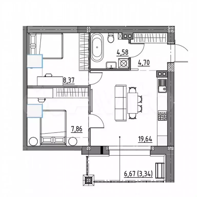 2-к. квартира, 49,1м, 3/3эт. - Фото 0