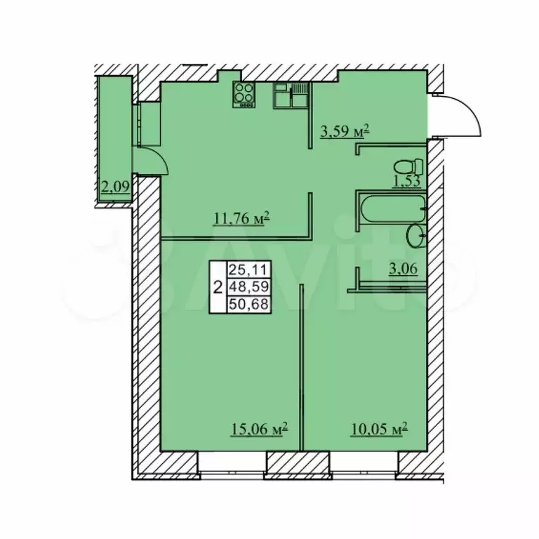 2-к. квартира, 50,7 м, 4/5 эт. - Фото 1