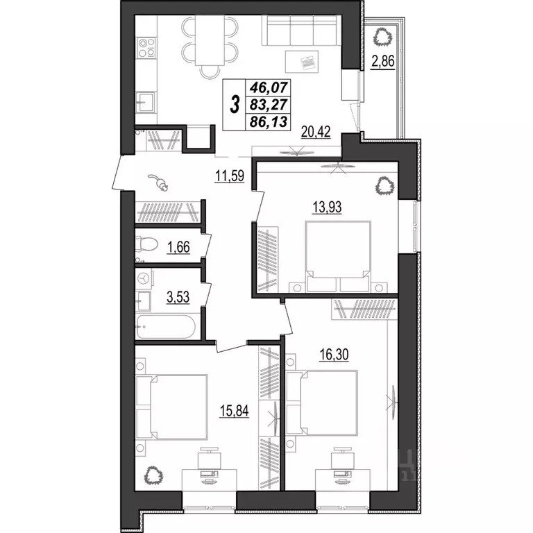 3-к кв. Мордовия, Саранск ул. 1-я Набережная, 56 (86.13 м) - Фото 1