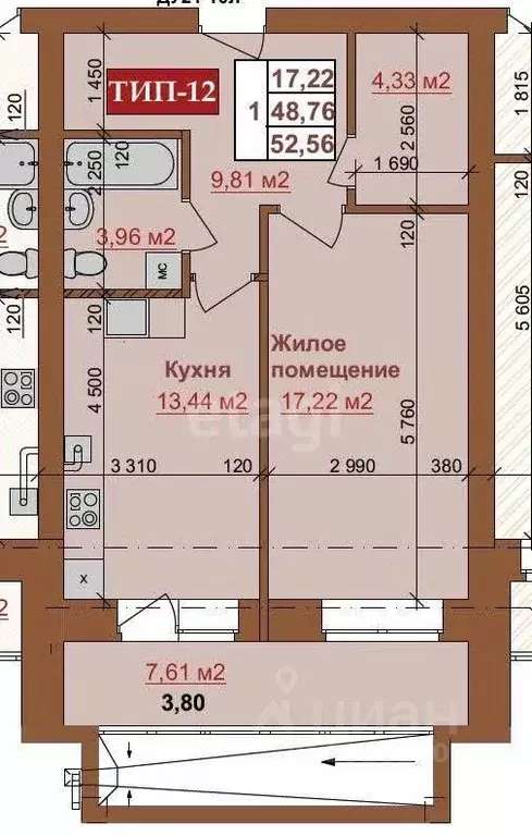 1-к кв. Калужская область, Калуга Заречная ул., 113 (52.56 м) - Фото 0