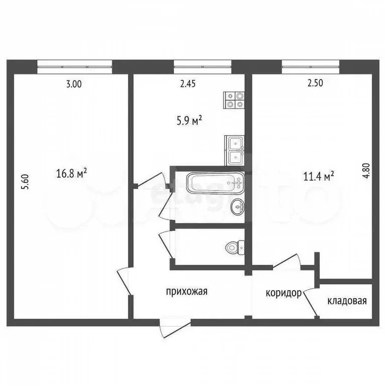 2-к. квартира, 44 м, 1/5 эт. - Фото 0