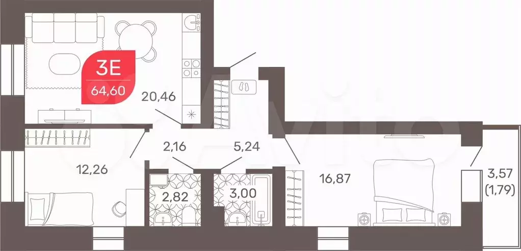 3-к. квартира, 64,6 м, 6/9 эт. - Фото 0
