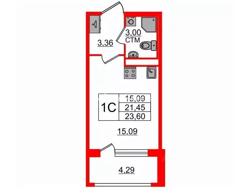 Студия Санкт-Петербург просп. Буденного, 15 (21.45 м) - Фото 1