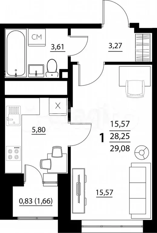 1-к. квартира, 29,8 м, 3/5 эт. - Фото 0