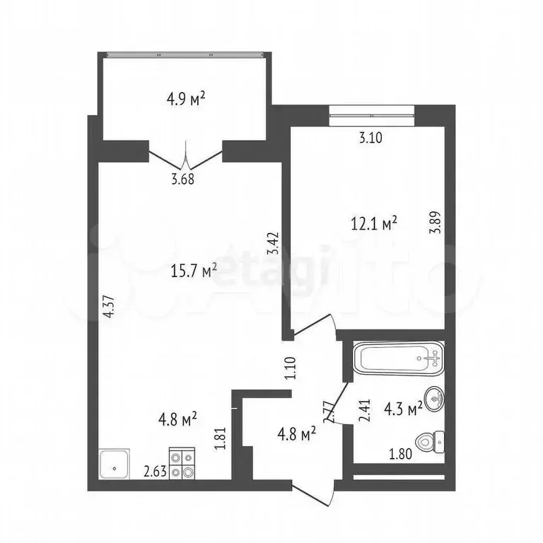 1-к. квартира, 41,7 м, 2/4 эт. - Фото 0