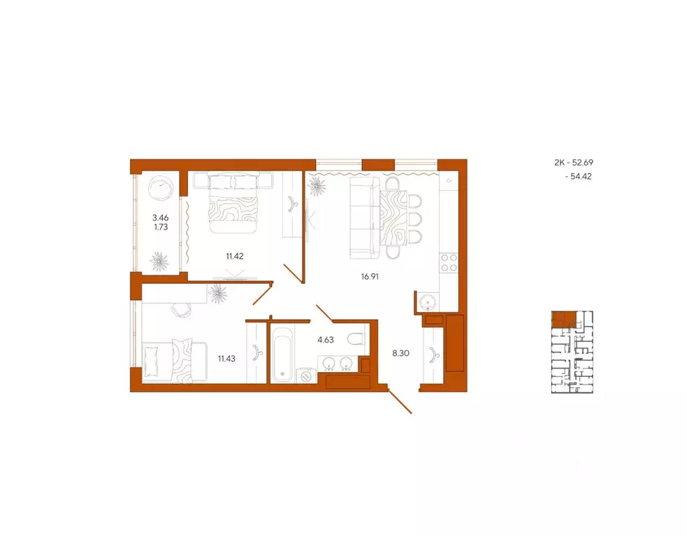 2-к кв. Пензенская область, Пенза Терра жилой комплекс (54.42 м) - Фото 1