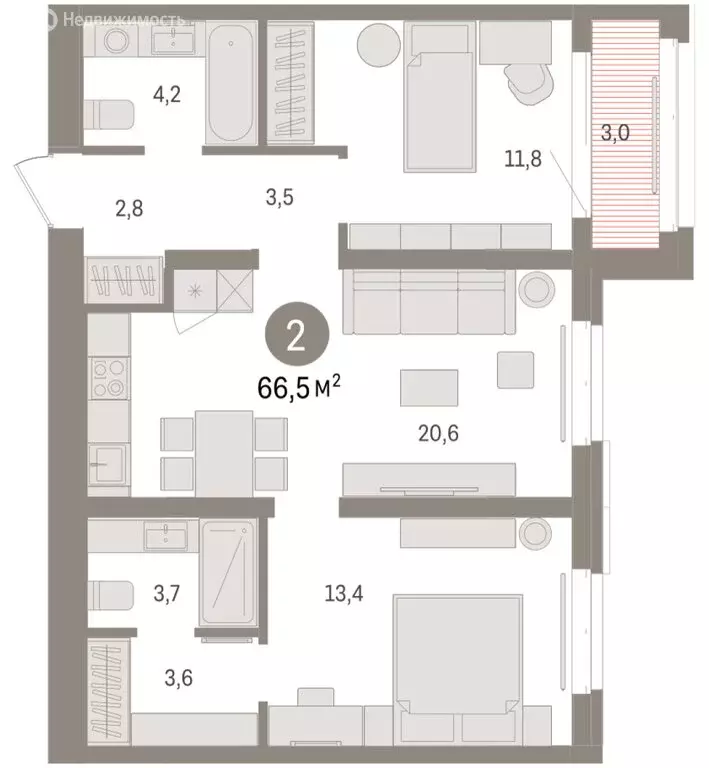 2-комнатная квартира: Тюмень, жилой комплекс На Минской (66.49 м) - Фото 1