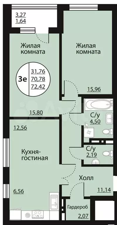 3-к. квартира, 72,4 м, 8/20 эт. - Фото 0