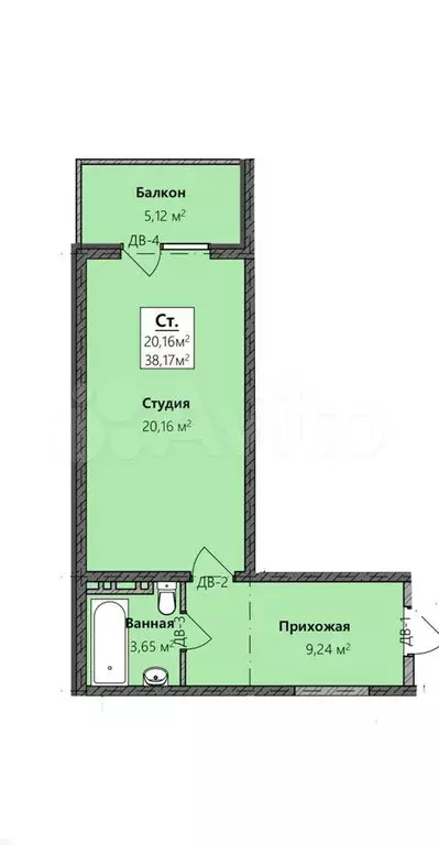 Квартира-студия, 38,2 м, 4/8 эт. - Фото 0